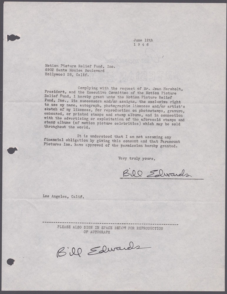 BILL EDWARDS - DOCUMENT SIGNED CIRCA 1946