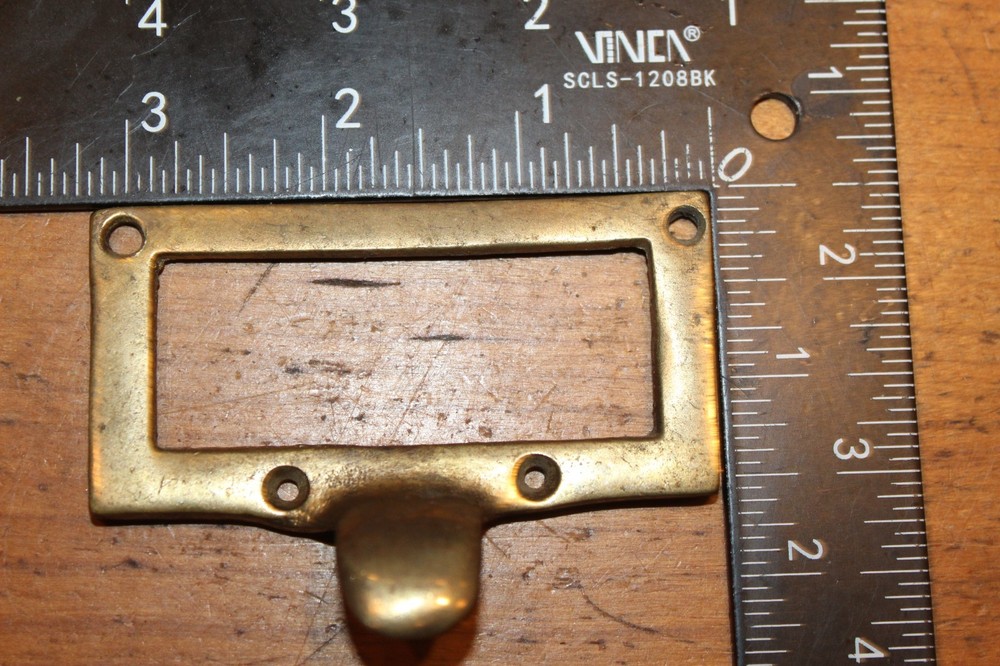 Antique Cast Bronze Bin Apothecary Cupboard Drawer Pull with Label Insert L-83