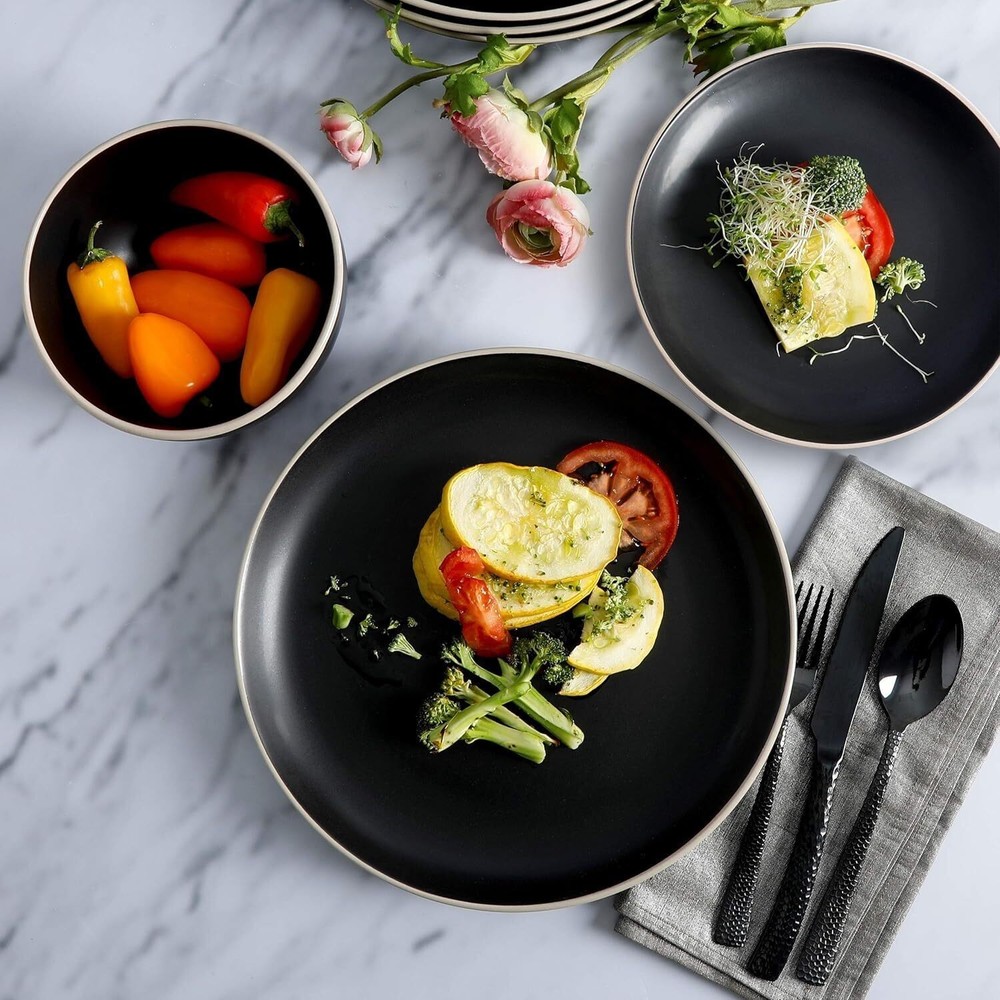 12 Piece Round Stoneware Dinnerware Sets Service for 4 Bowl & Plate Set Black