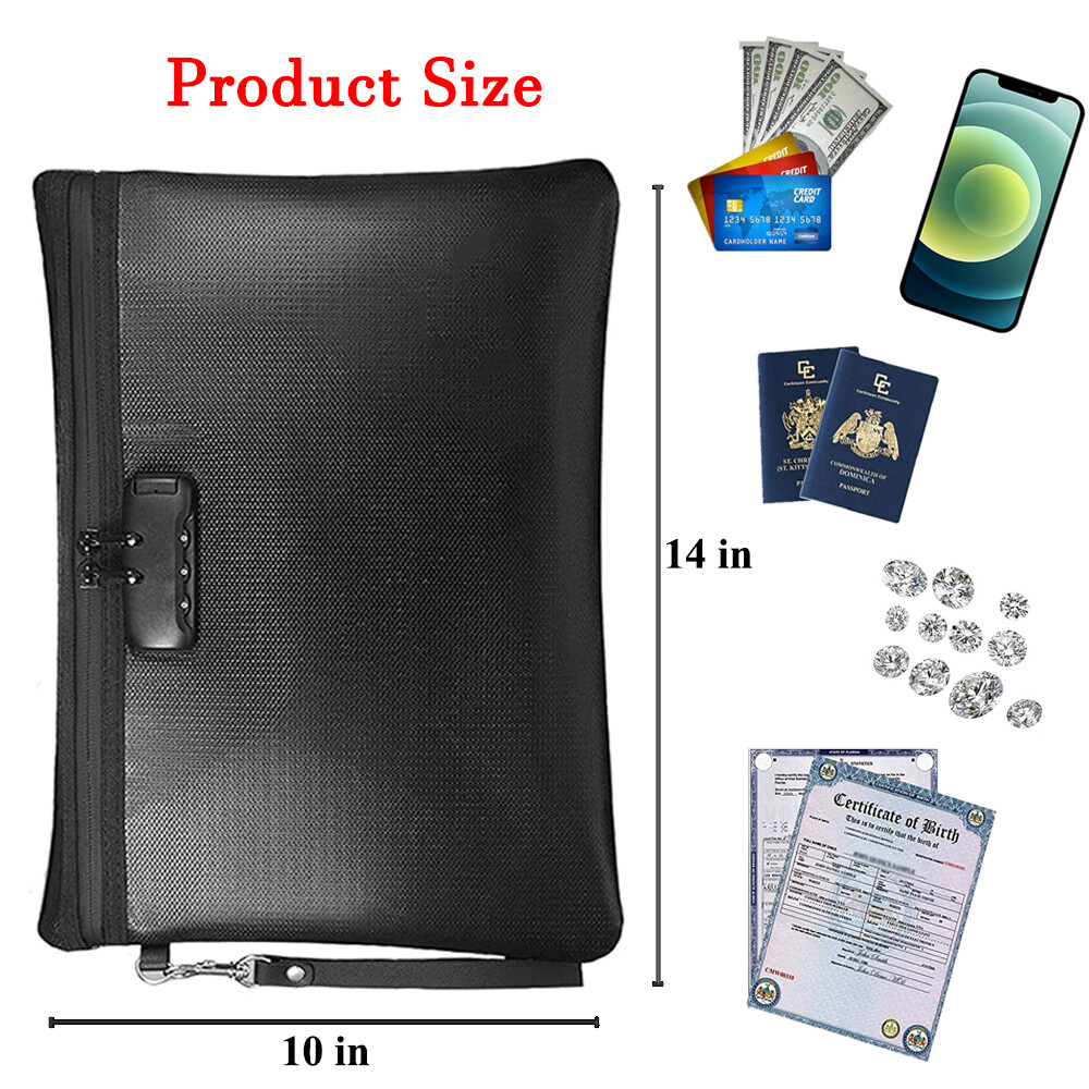 Fireproof Document Bag with Lock Zipper Waterproof Journal Notary Storage Pouch