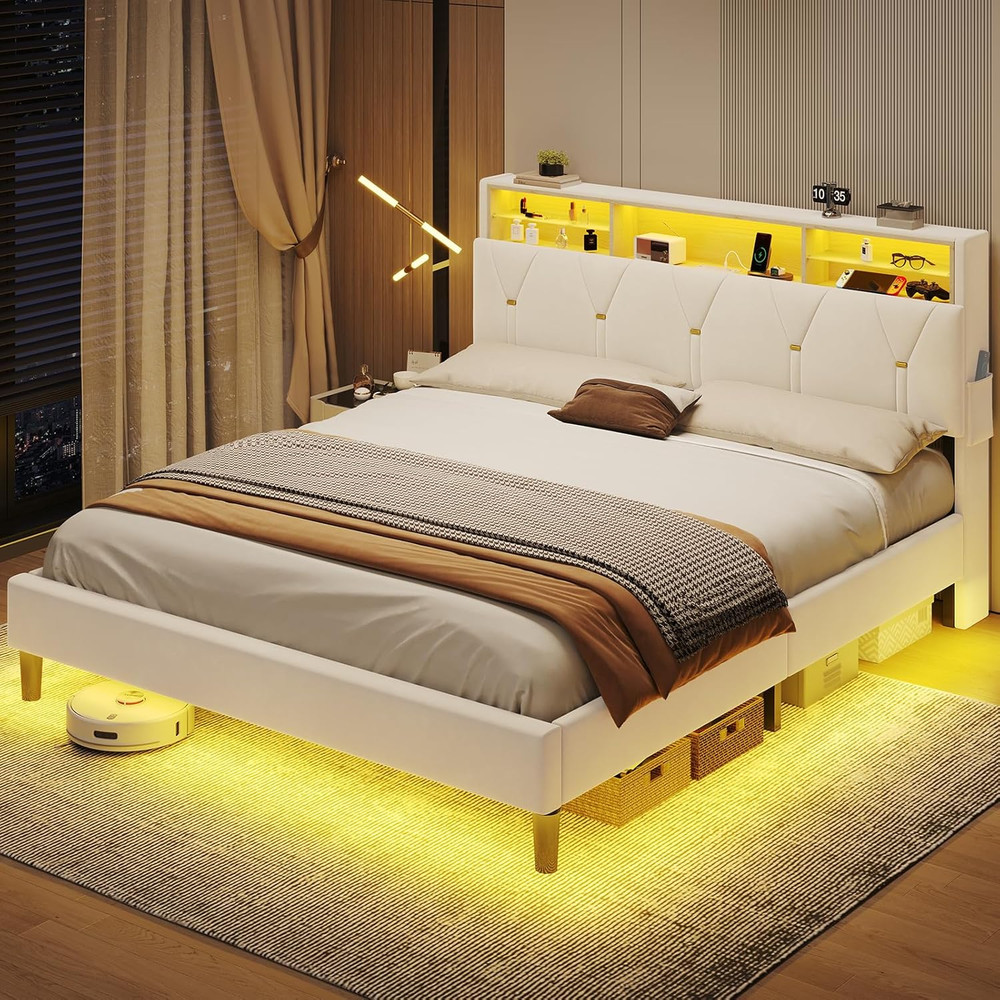 BTHFST Full Size Bed Frame with Headboard Storage & LED Lights, Platform Bed Fra