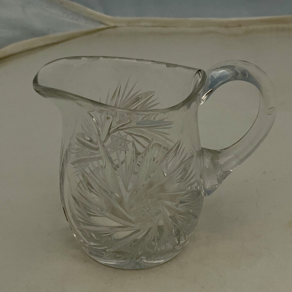 Small Unbranded Cut Crystal Creamer Pitcher Pinwheel Star Pattern Chip On Handle