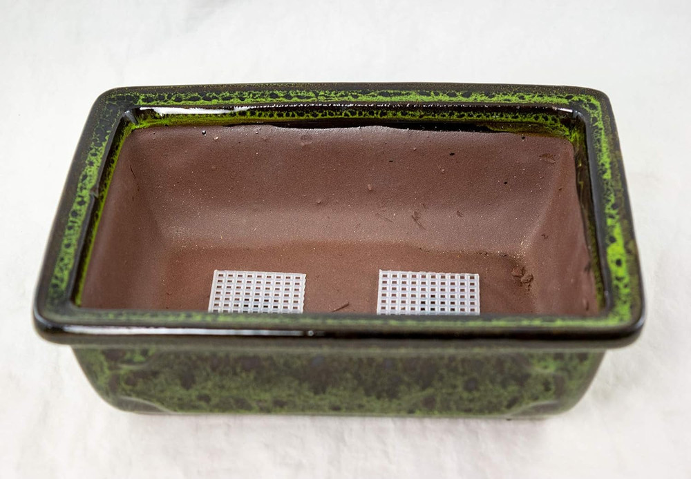 8" Rectangular Moss Green Glazed Bonsai Pot, Cactus & Succulent Planter + Tray +