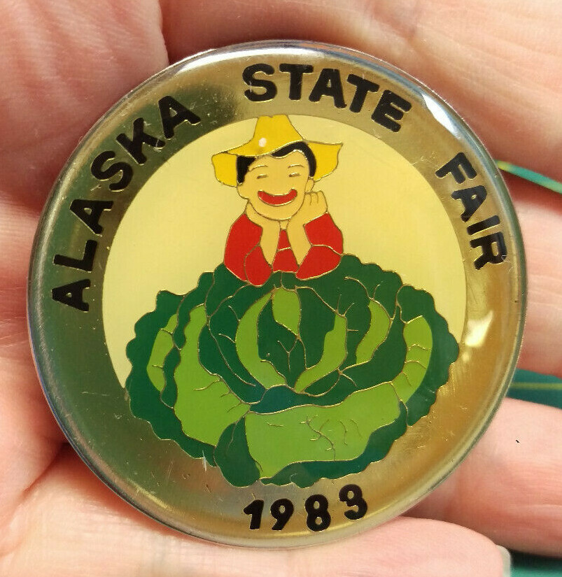 Alaska Pin 1983 Alaska State Fair Hat Scarf Pin HUGE cabbage with smiling farmer