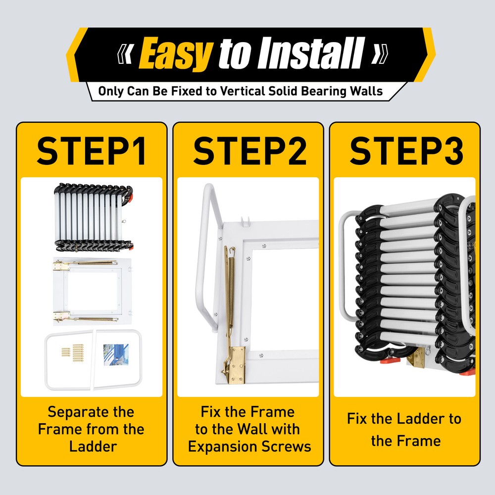 12-Step Wall-Mounted Folding Ladder - Stylish Black & White Attic Access