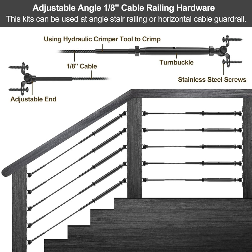 20 Pcs 1/8" Black Cable Railing Kit Swage Toggle Turnbuckle Hardware Adjustable