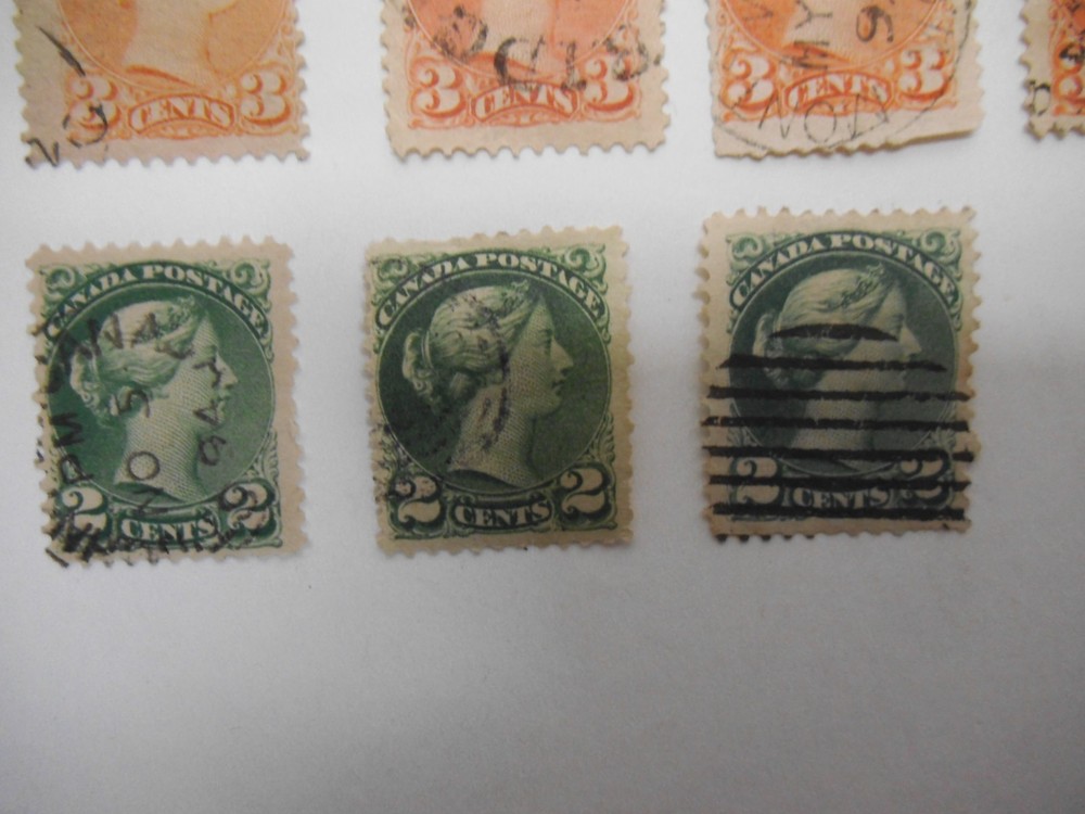 1870 Canada Stamp Collection, 1, 2 and 3 Cent, 13 Used Stamps