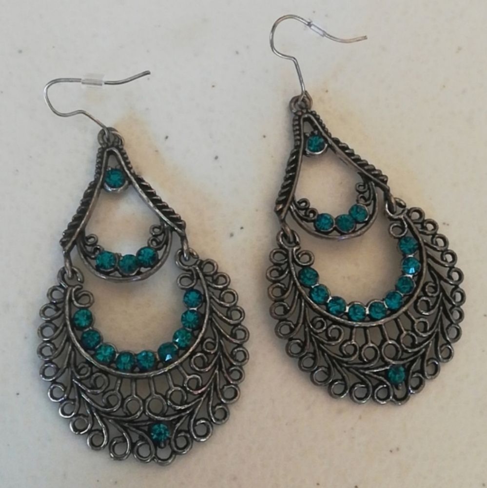Large Boho Chic Silver Setting Blue  Rhinestones Tribal Earrings