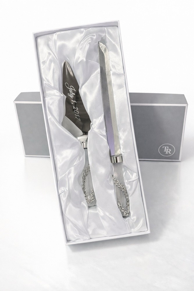 ENGRAVED Wedding Cake Knife Server Set Personalized “July 1, 2017” & “Name”