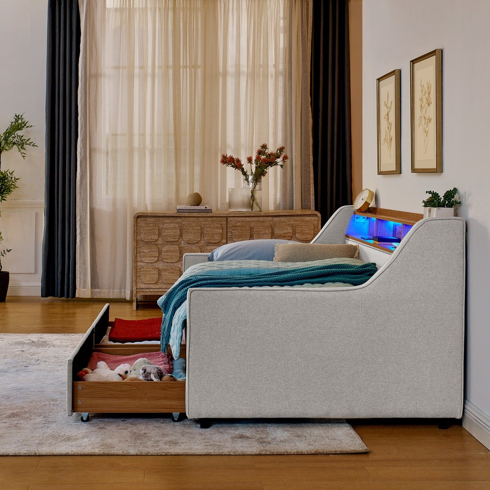 Twin Size Upholstery Sofa Bed with Three LED lights, with Storage Adjustable Hea