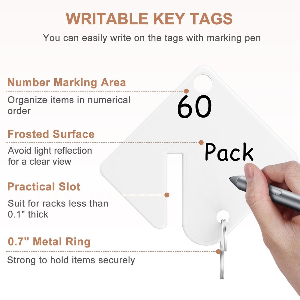 60 Pcs Key Tags Blank Plastic Upgrade Round Split Ring, Durable Key Identify