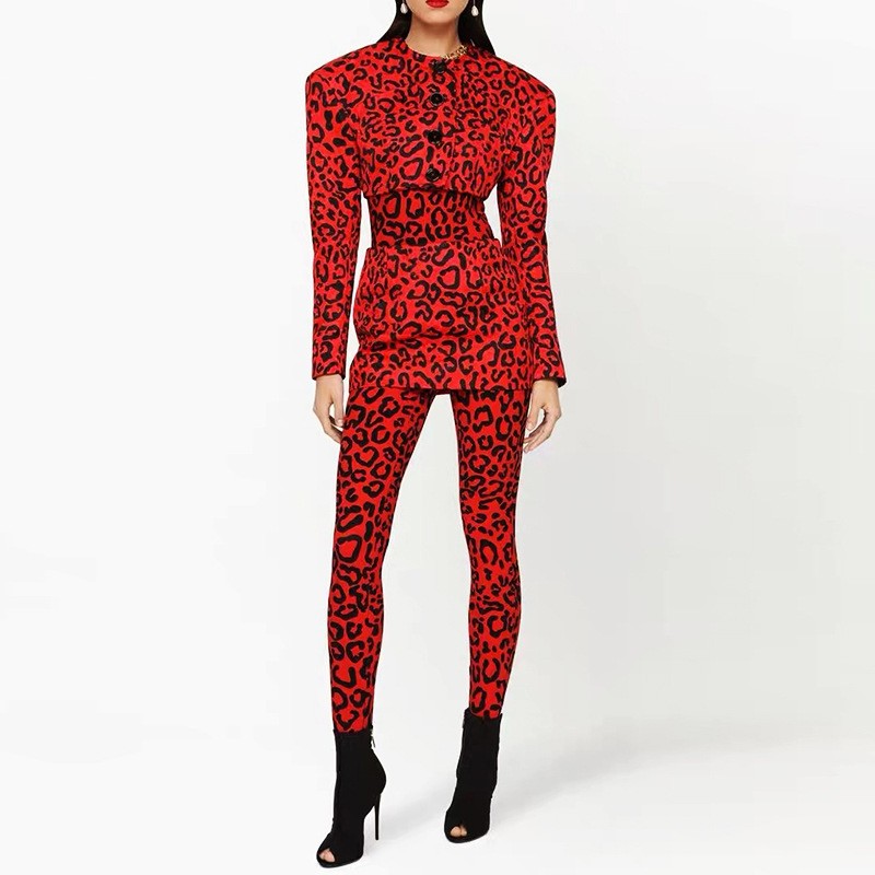 Runway Womens 2pcs Sets Cropped Single Breasted Coats Short Skirts Leopard Print