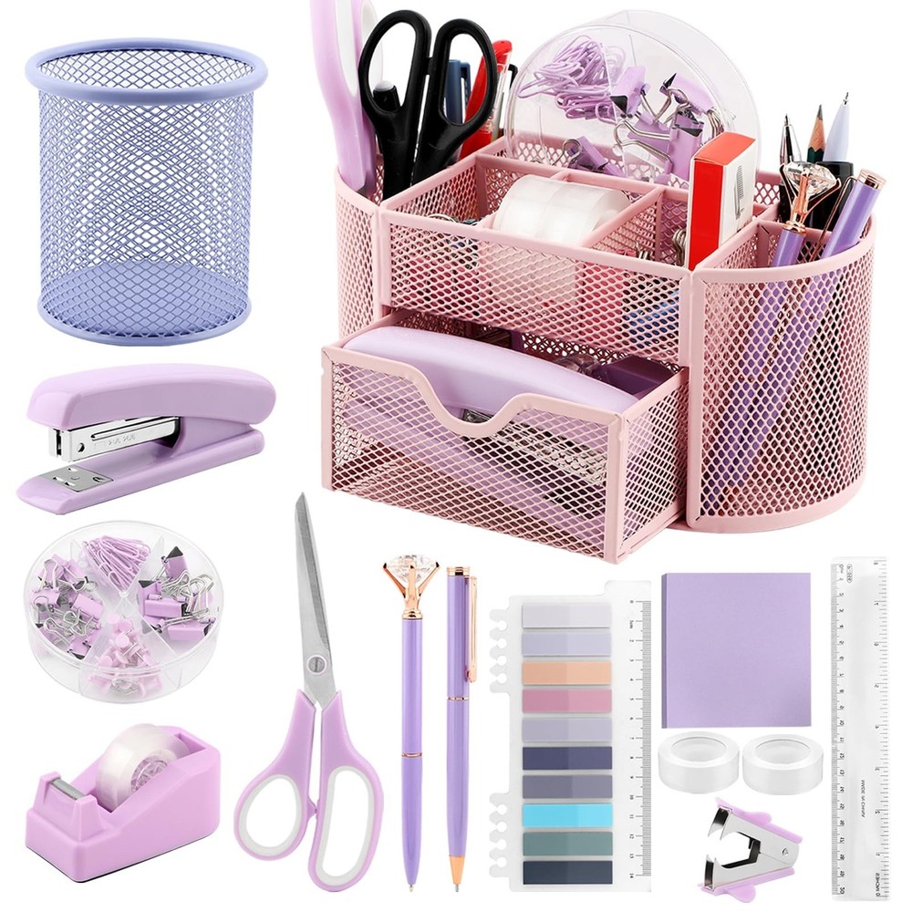 Office Supplies Set Mesh Desk Organizer Accessories Kit Include Stapler Tape,...