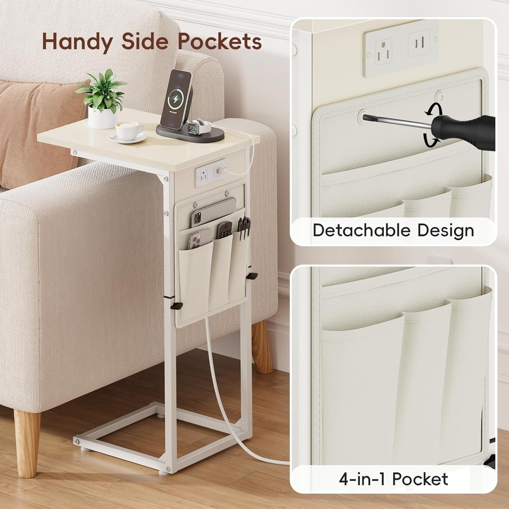 C Shaped End Table W/ Charging Station Adjustable Height Side Table Couch Small