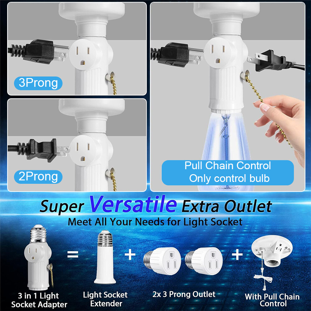 2 Pack E26 Light Bulb Socket Adapter With 2 AC Outlet Plug And Pull Chain Switch