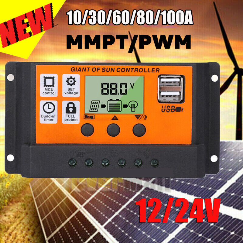 30-100 Amp 12V/24V DC PWM Solar Charge Controller Panel Regulator Auto