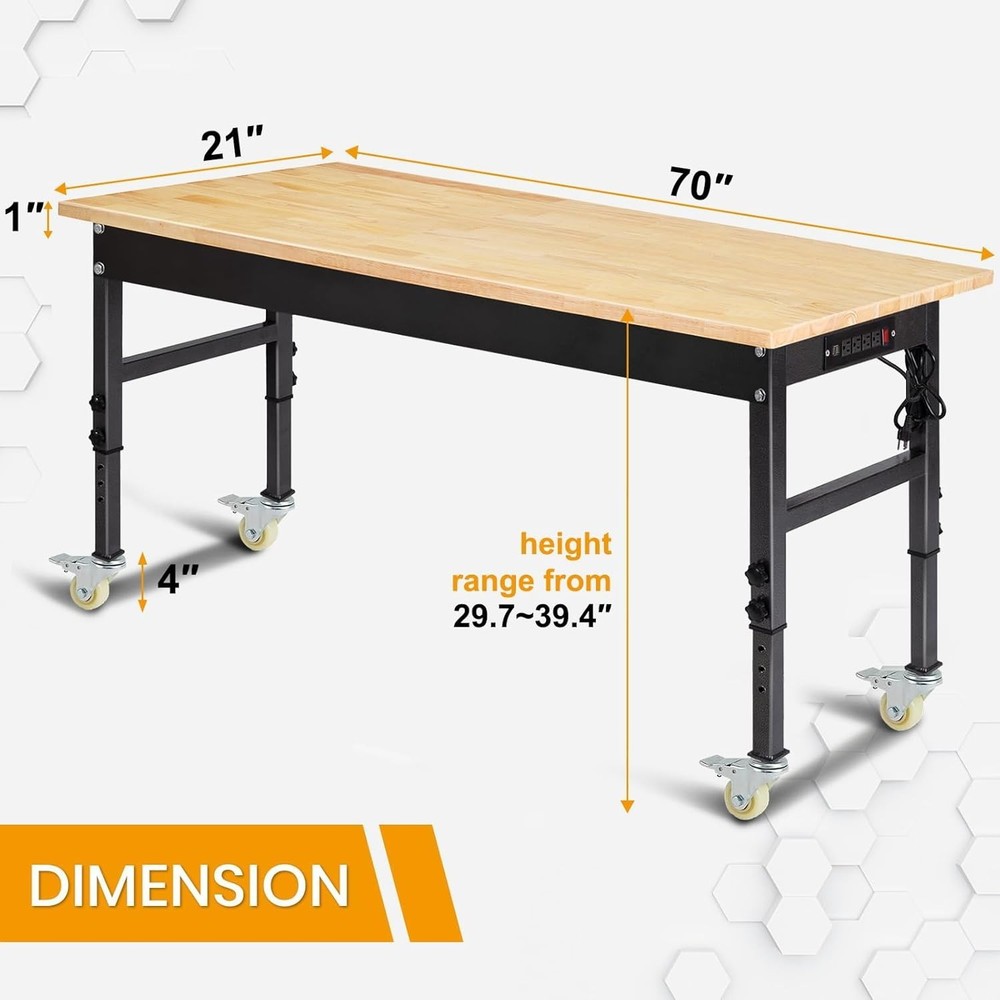 70'' Adjustable Workbench with Socket, Wheels and Fixed Legs