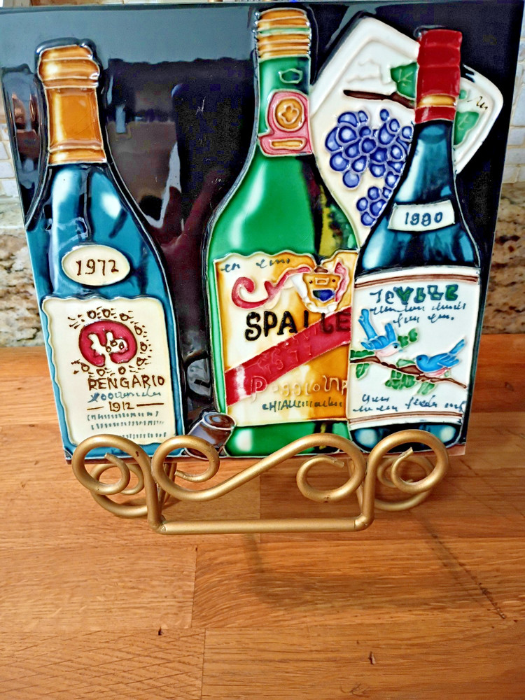 Handcrafted Ceramic Art Tile Painted Wine Bottles and Decorative Elements