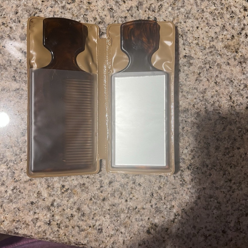 Vintage Tortoiseshell pattern Comb and Mirror Set w/ case 1980’s