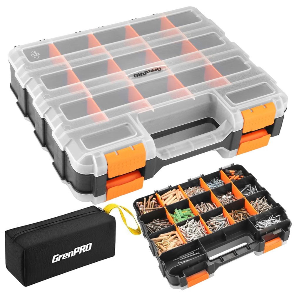 GRENPRO Mini Tool Box Organizer, Plastic Small with Dividers, black