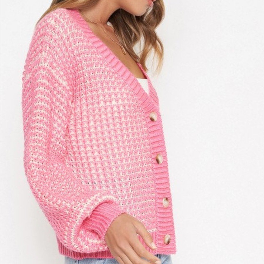 Pink Waffle Knit V-neck Button Up Sweater