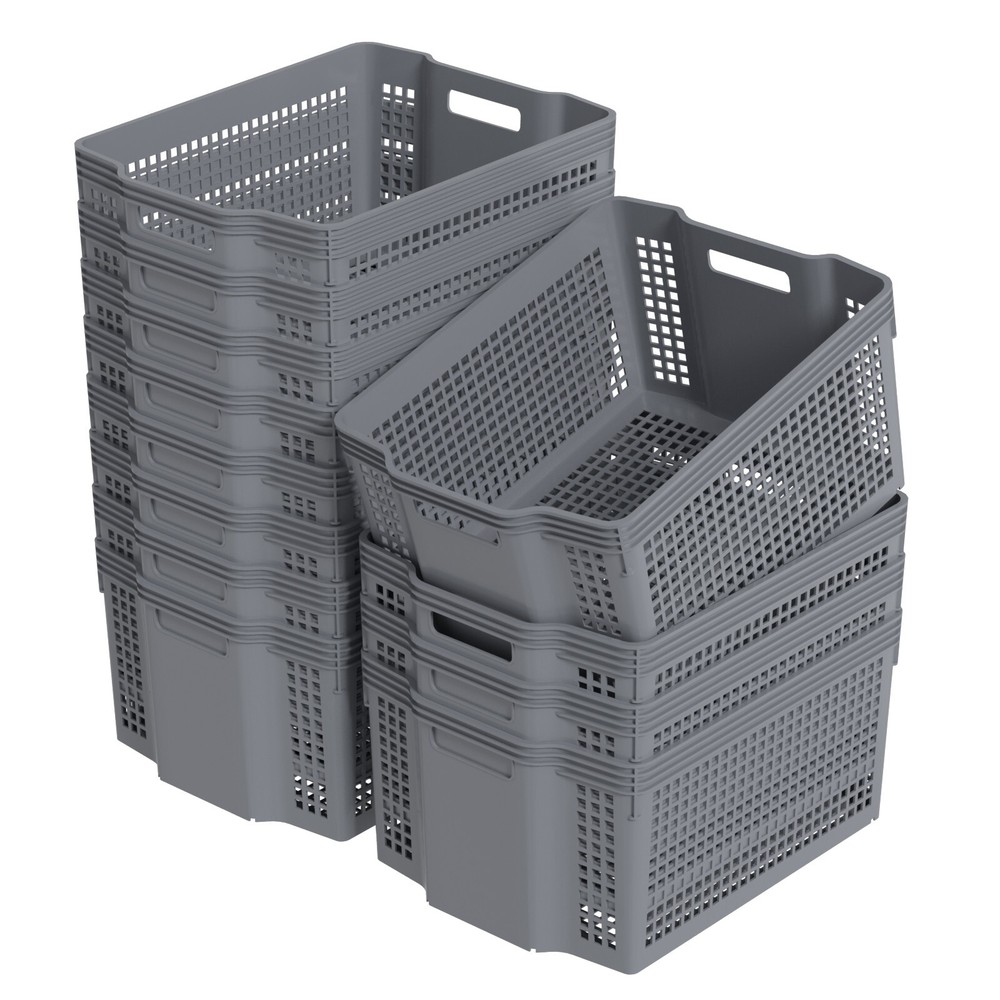 12-Pack Plastic Deep Stacking Baskets, Large Plastic Cupboard Baskets, Grey
