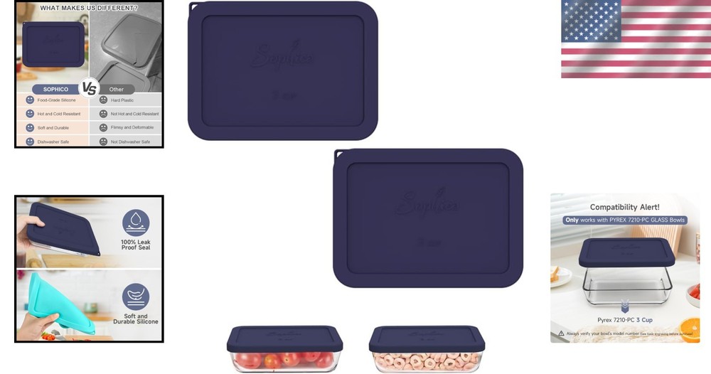 Sophico 6 Cup Rectangle Silicone Storage Cover Lids Replacement for Pyrex 721...