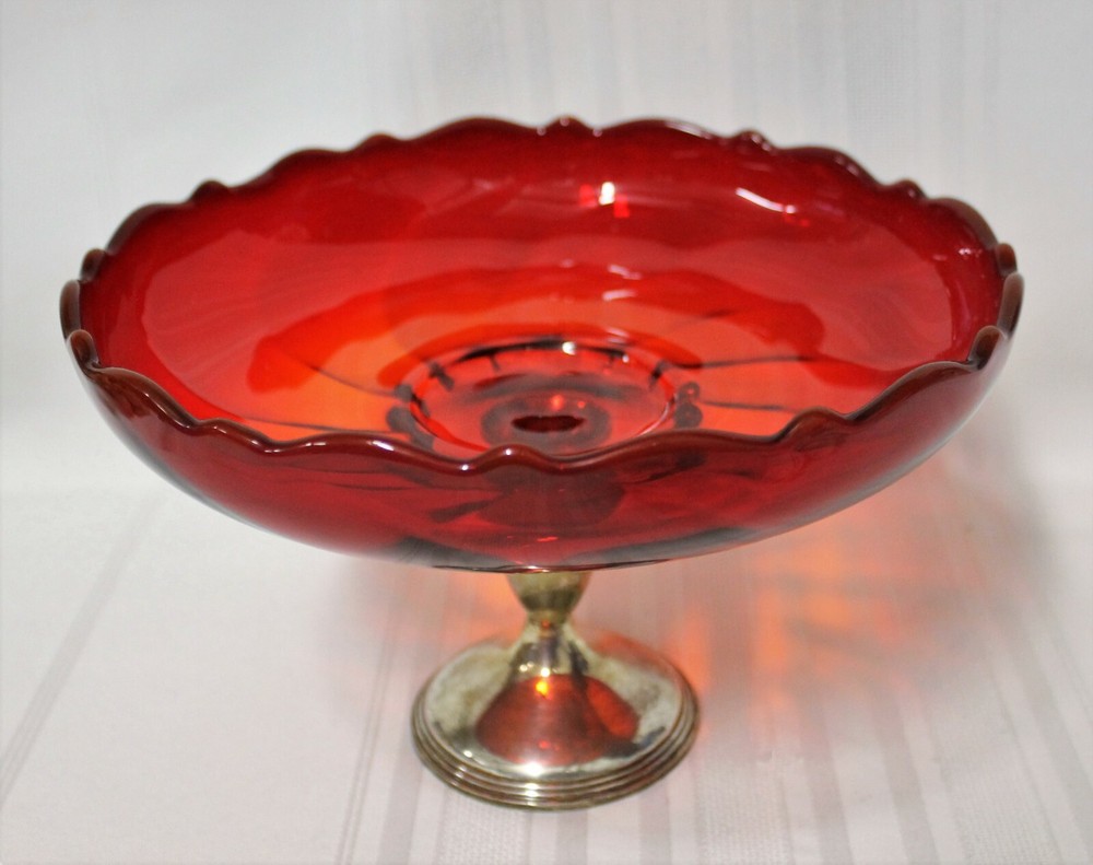 Vintage Ruby Glass & Sterling Silver Footed Compote Dish Bailey Banks & Biddle