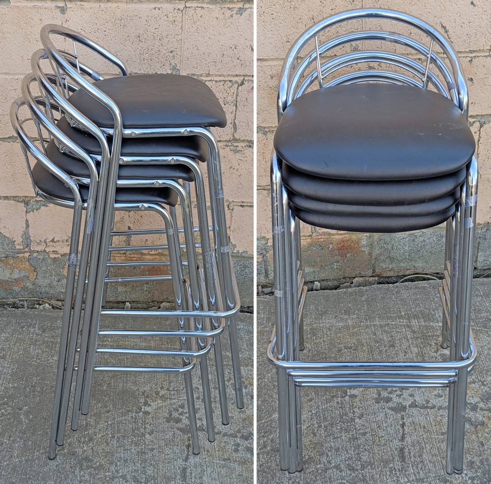 Set 4 Vintage Old Stackable Modern Chrome Counter Bar Dining Chairs Stools Vinyl