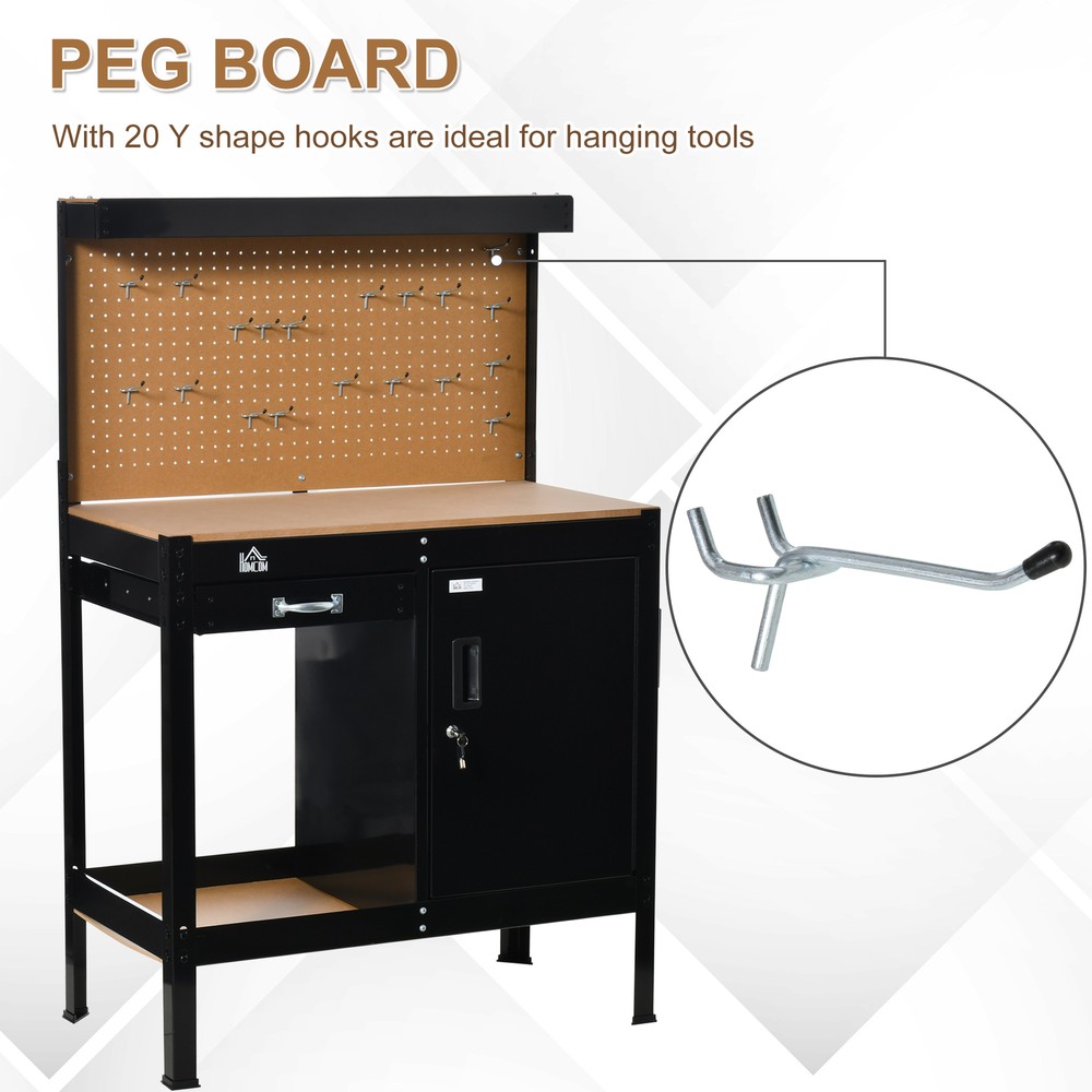 Garage Tool Storage Desk Work Bench Workshop Table with Drawer & Peg Board