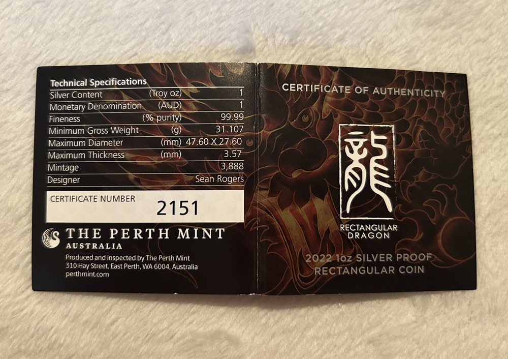 2022 Australia Rectangular Dragon Silver Bar Box, Display Case, & COA