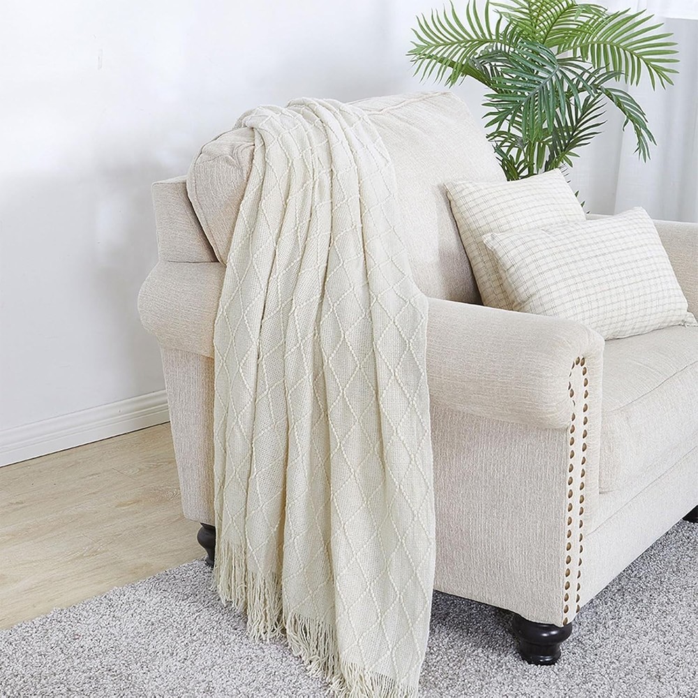 Beige Throw Blanket 50x60 Inches Throw Textured Solid Soft Sofa Couch Decorat...