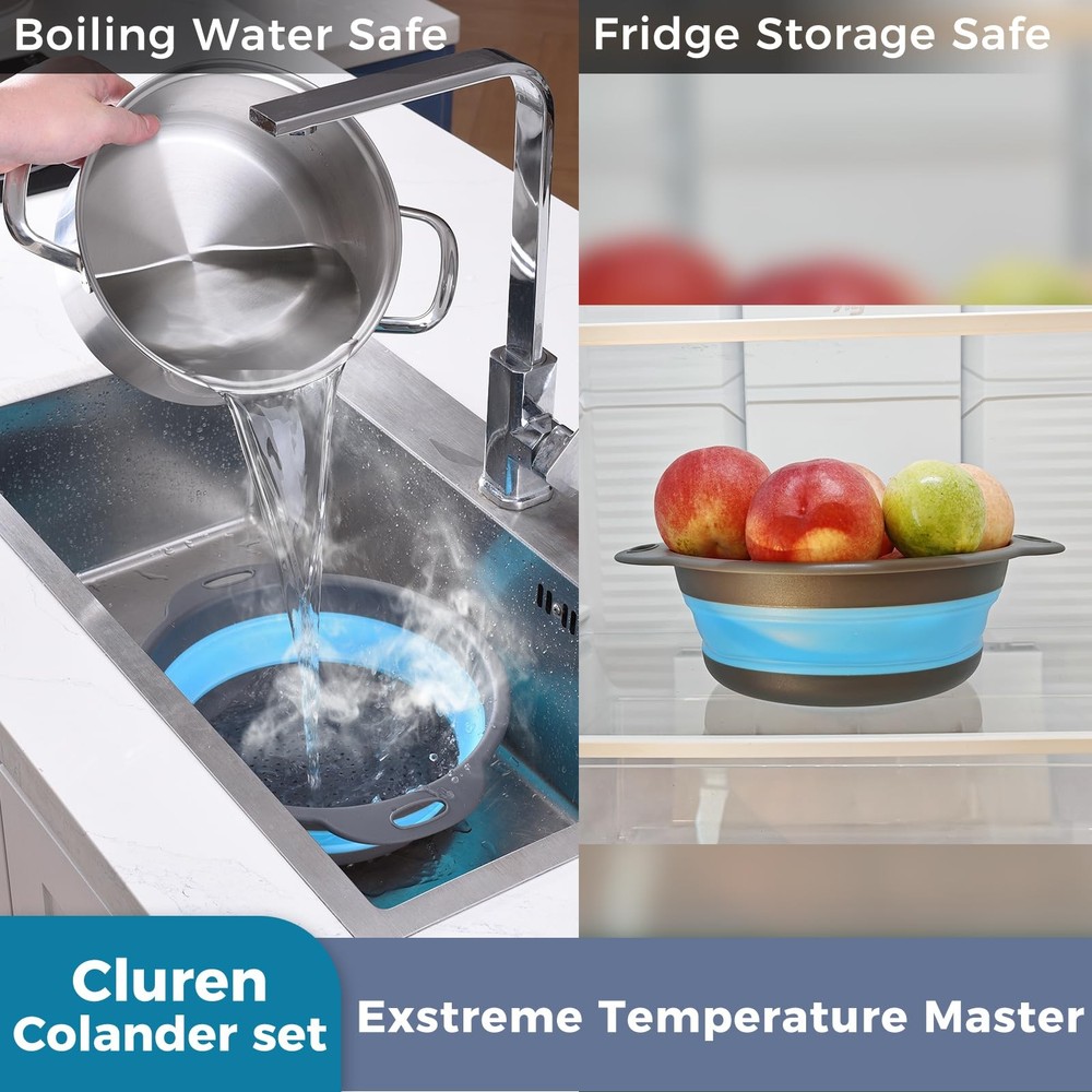 Collapsible Colander Set 3 Pack Foldable Strainers Gray-Blue Space Saving Base