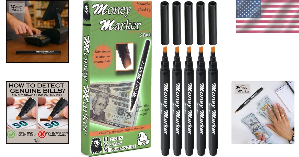 Professional Counterfeit Detection Pens - 5 Count with Durable Chisel Tips