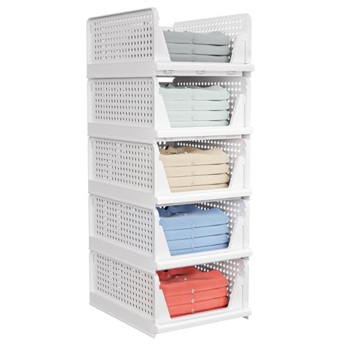 5 Pack Stackable Closet Storage Basket - Stackable Storage 5 Pack White White
