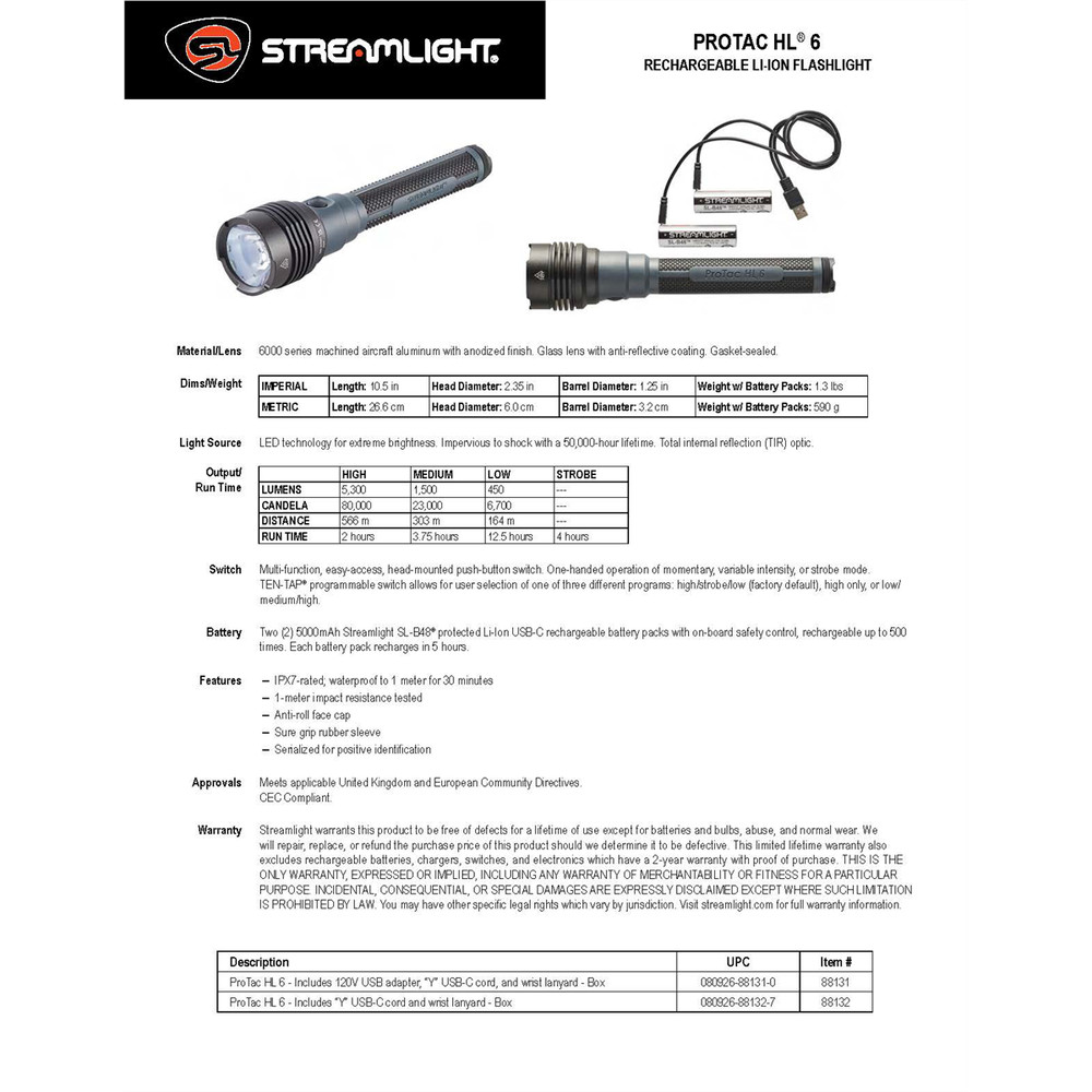 Streamlight ProTac HL 6 Rechargeable Li-Ion Flashlight