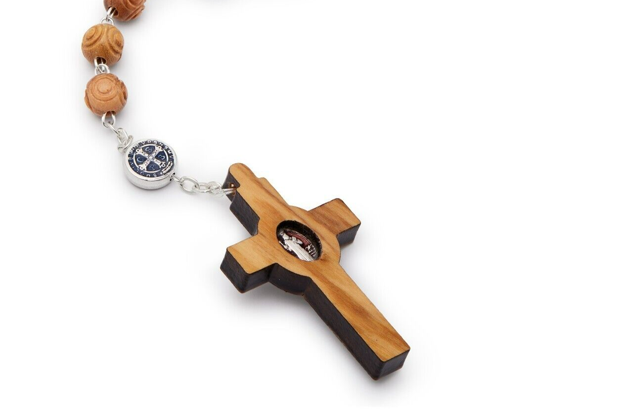 Rosary Beads Catholic Olive Wood Medal St Benedict Cross Blessed By Pope Vatican
