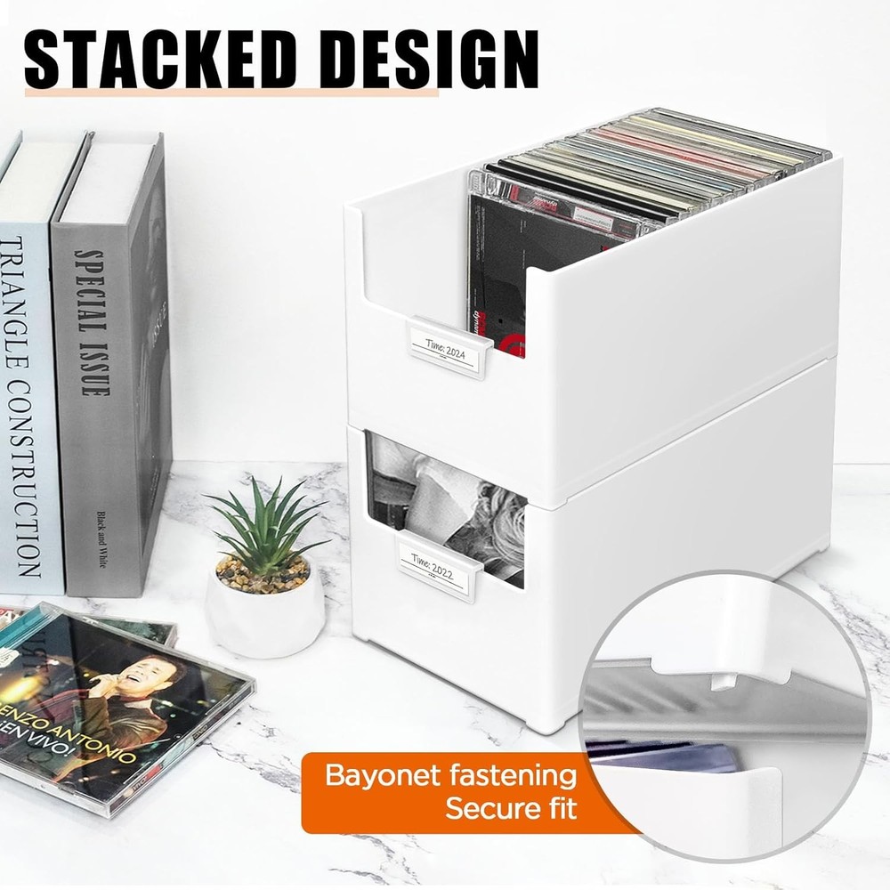 CD Storage Box, Stackable Plastic CD Organizer, Hold Up to 25 CDs, CD Storage Ca
