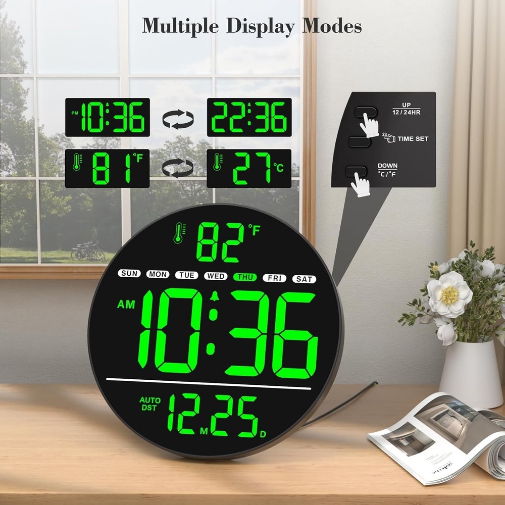 Digital Wall Clock with Large LED Display, Auto-Brightness, Temperature, Low-...