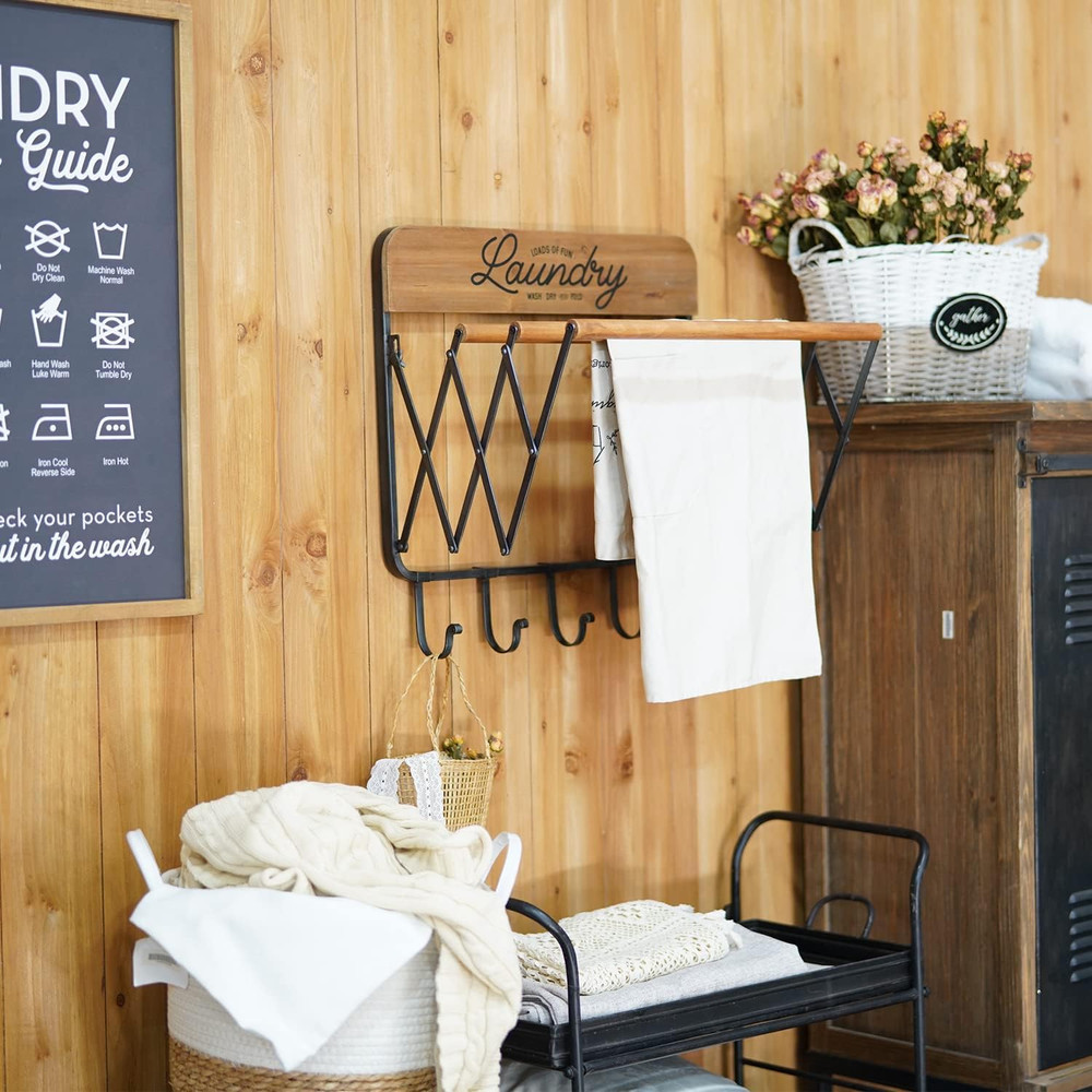 Accordion Laundry Rack, Retractable Wall Mounted Racks, 3 Bars & 5 Hooks for Dry