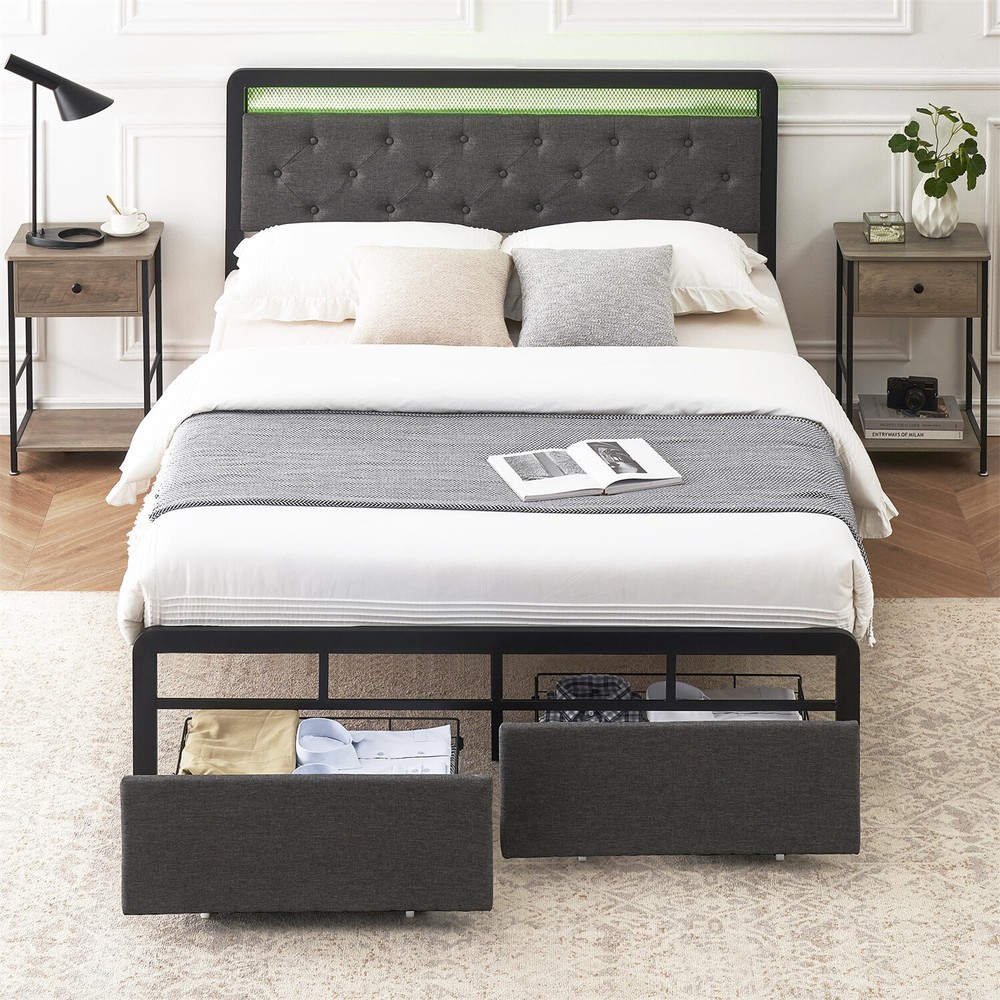 Upholstered Bed Frame with 2 Storage Drawers Queen Bed Frame with LED Lights