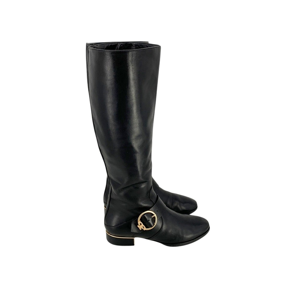 Tory Burch SOFIA BUCKLED Logo Knee High Riding Boot Flat Equestrian 7M Black