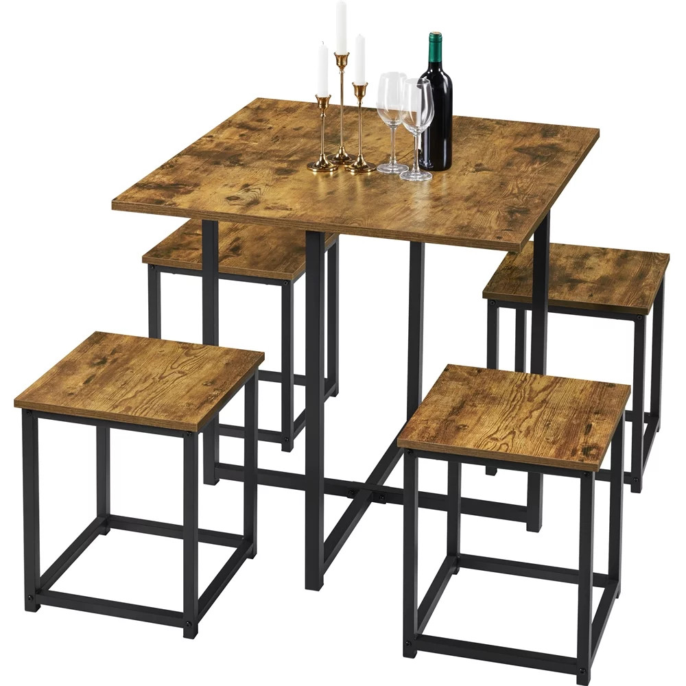 5Pcs Dining Set with Industrial Square Table and 4 Backless Chairs Rustic Brown