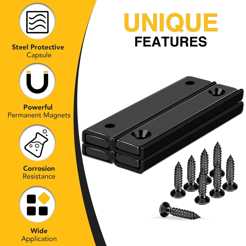 4 Pack Strong Neodymium Rectangular Magnets 80LB w/ Countersunk Hole & Screws