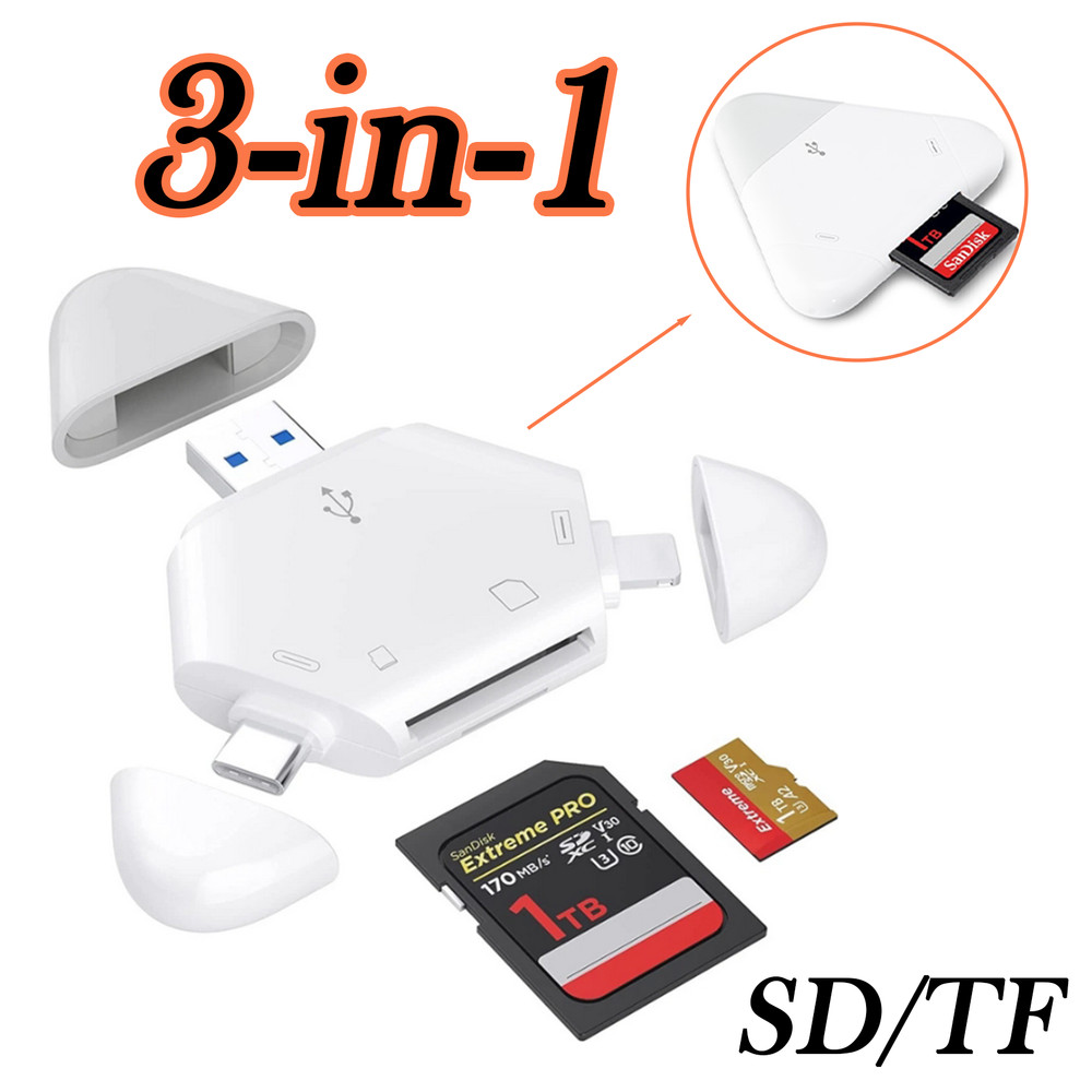 3-in-1 Memory Card Reader for iPhone/iPad, USB C and USB A Devices Support SD/TF