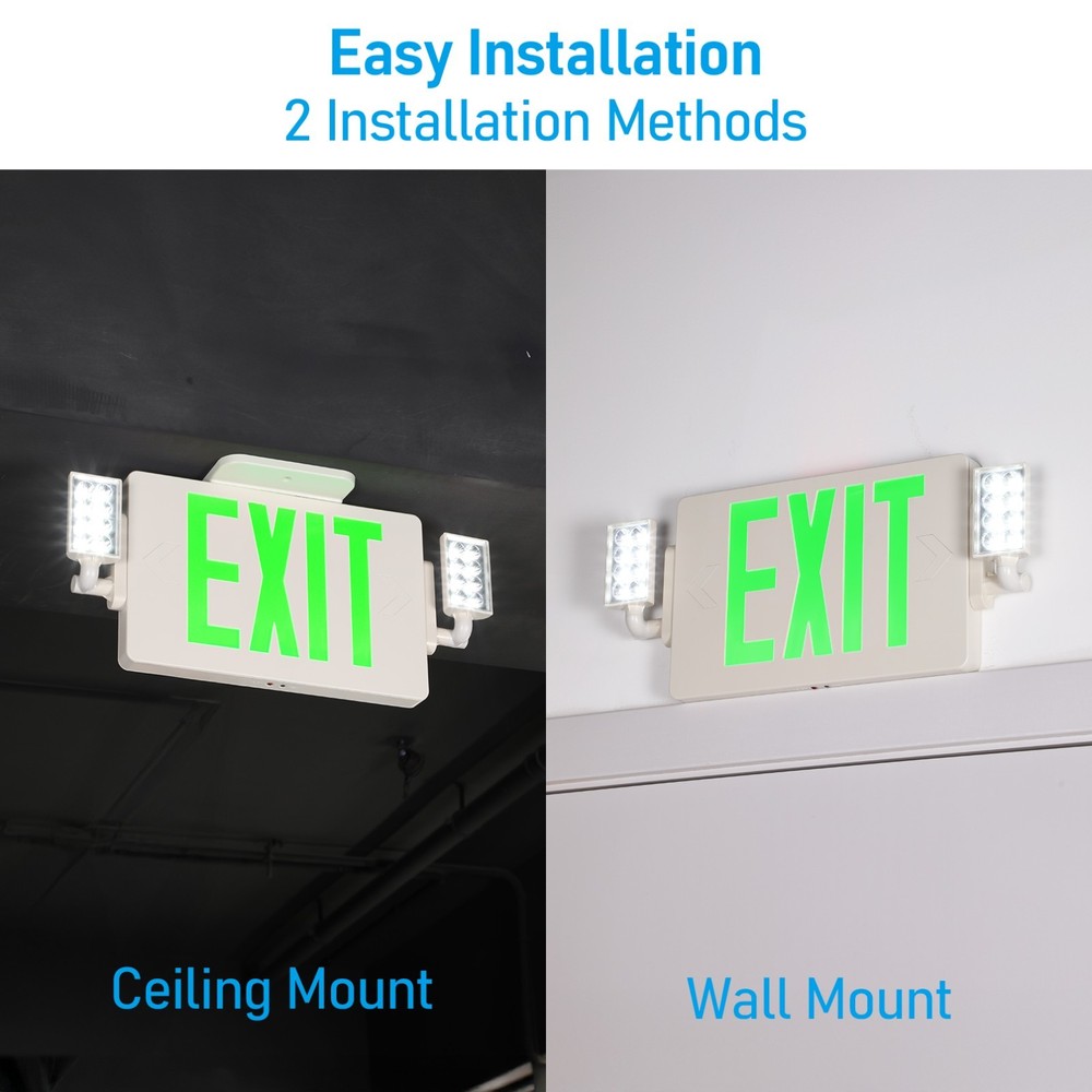 2 Pack Green Letter LED Exit Sign with Battery Backup, Two Adjustable Heads