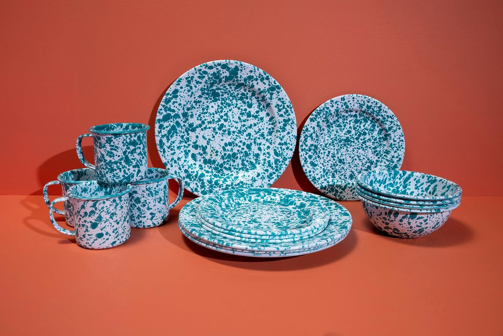 Turquoise/White Splatter Enamelware Starter Set - 16 Pieces