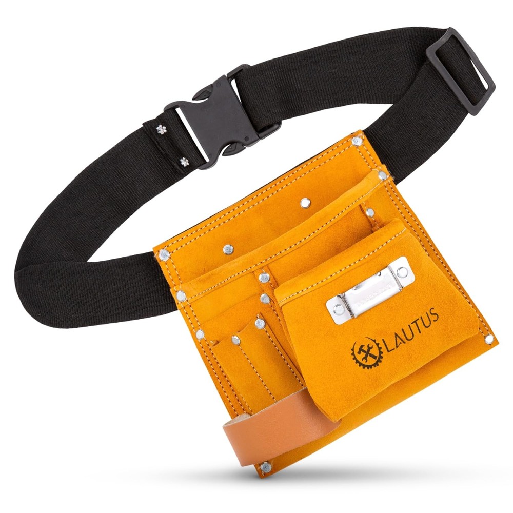 Suede Tool Bag & Adjustable Poly Web Belt | 5 Pockets | Leather Hammer Holder...