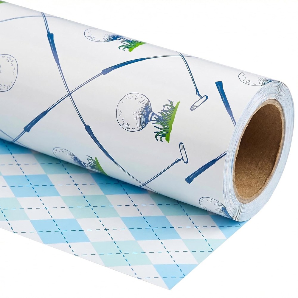 Reversible Golf Wrapping Paper Roll - Blue Plaid  Wrap for