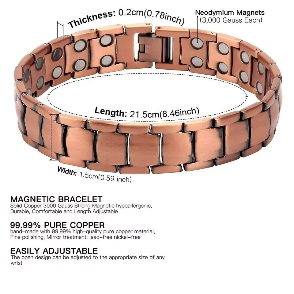 Men's Bracelet Magnetic Therapy Arthritis Pain Relief Pure Solid Copper Bangle